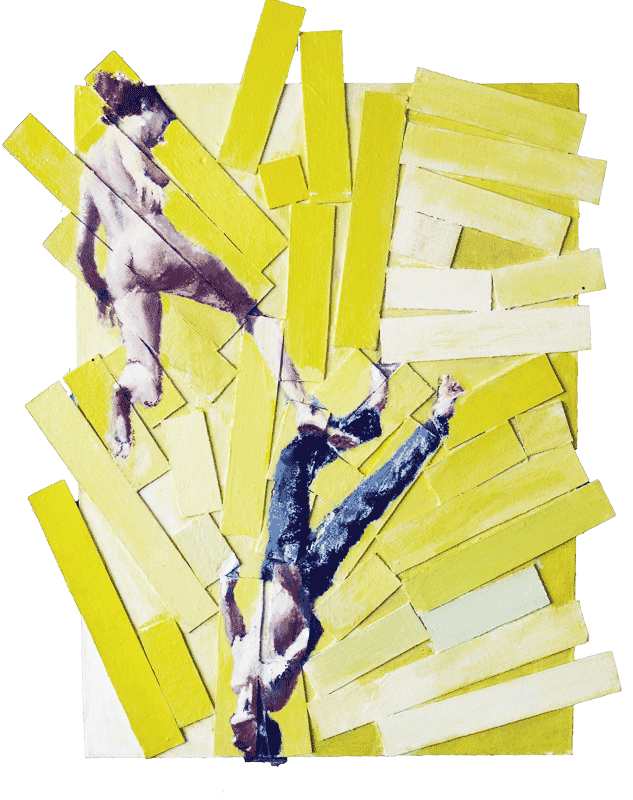 Painting of Two Falling Figures on Yellow Wood Fragments